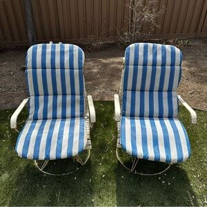 2 Vintage 60’s 70's Striped Outdoor Chair Seat Cushions MCM Blue and White